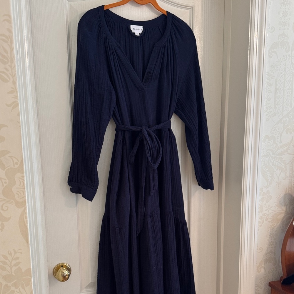 Felicite Navy gauzy cotton midi long sleeve dress.